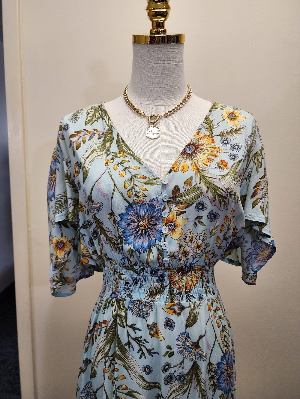 Abel The Label Blue Floral Maxi Dress V Neck Smocked Waist Size XS - Picture 3 of 8